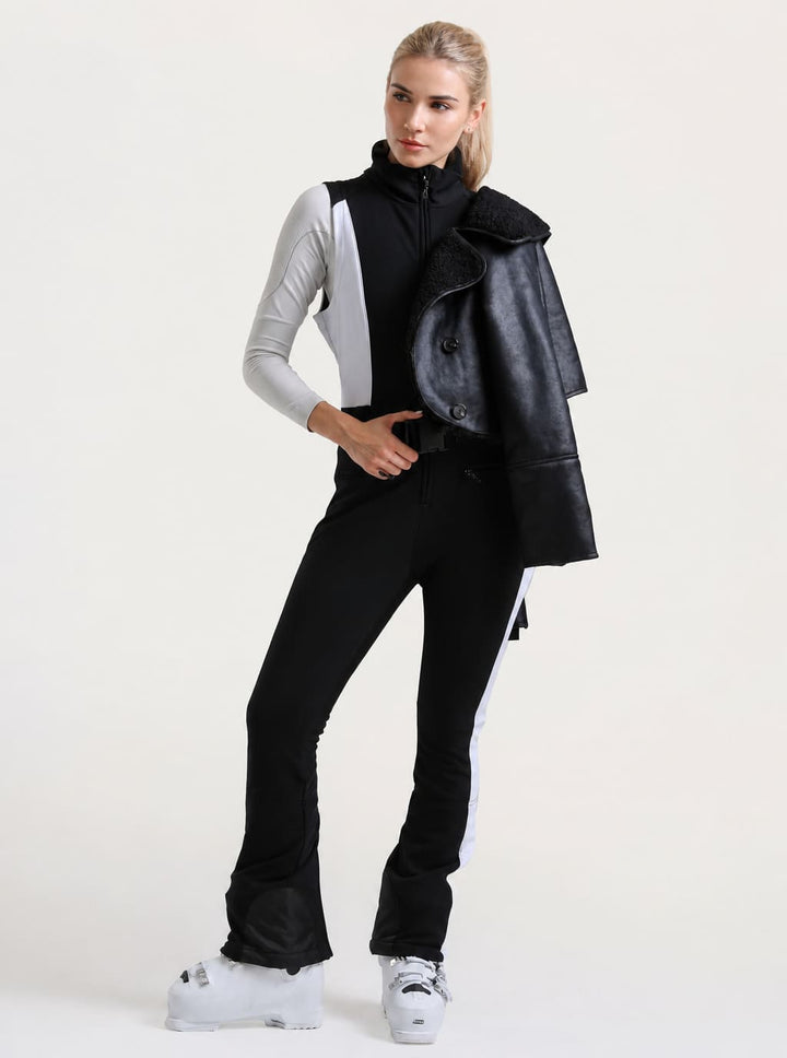 Women's Off-White & Black Detachable Sherpa-Collar Belted Slim One-Piece Ski Suit