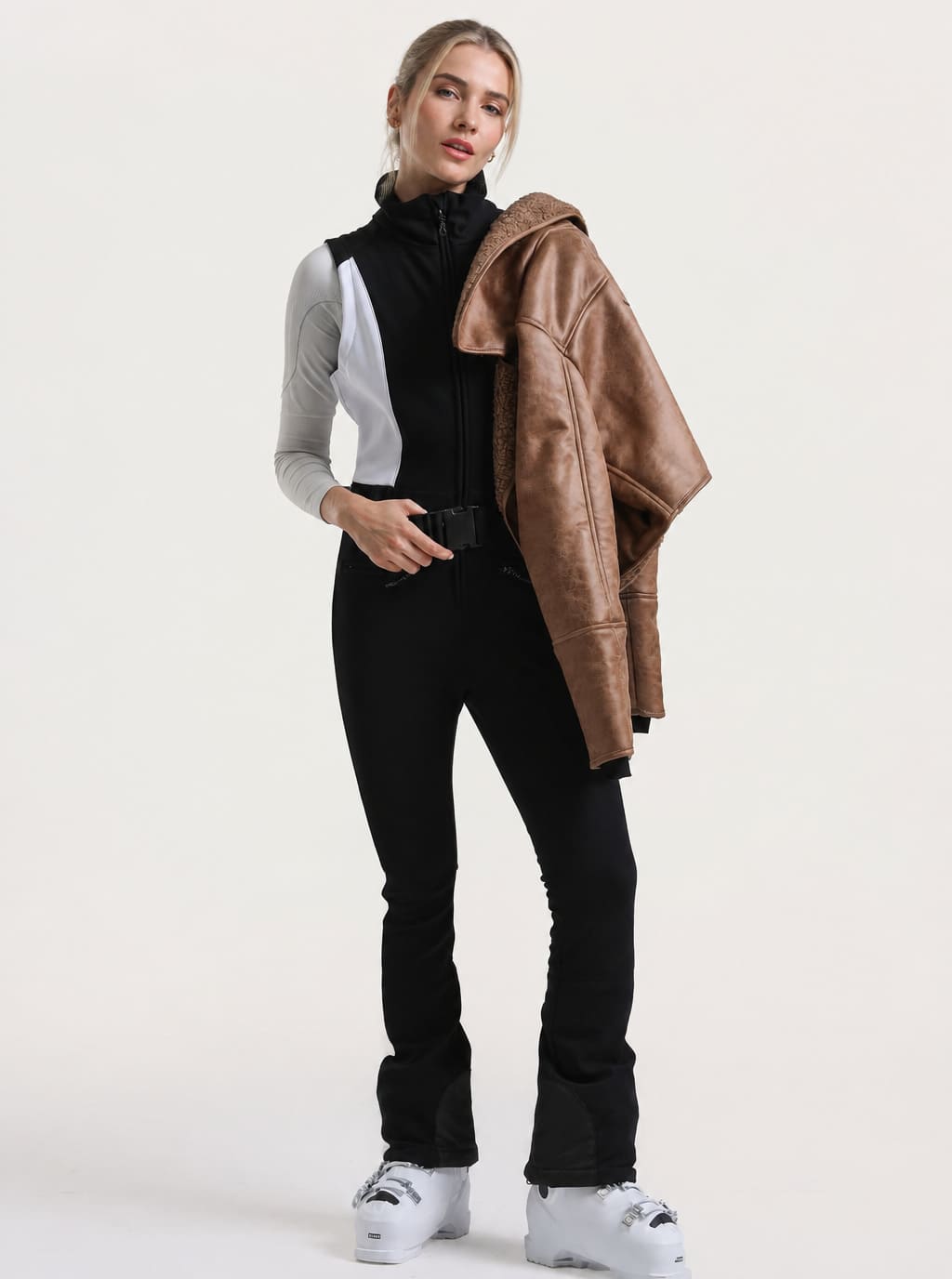 Women's Off-White & Black Detachable Sherpa-Collar Belted Slim One-Piece Ski Suit