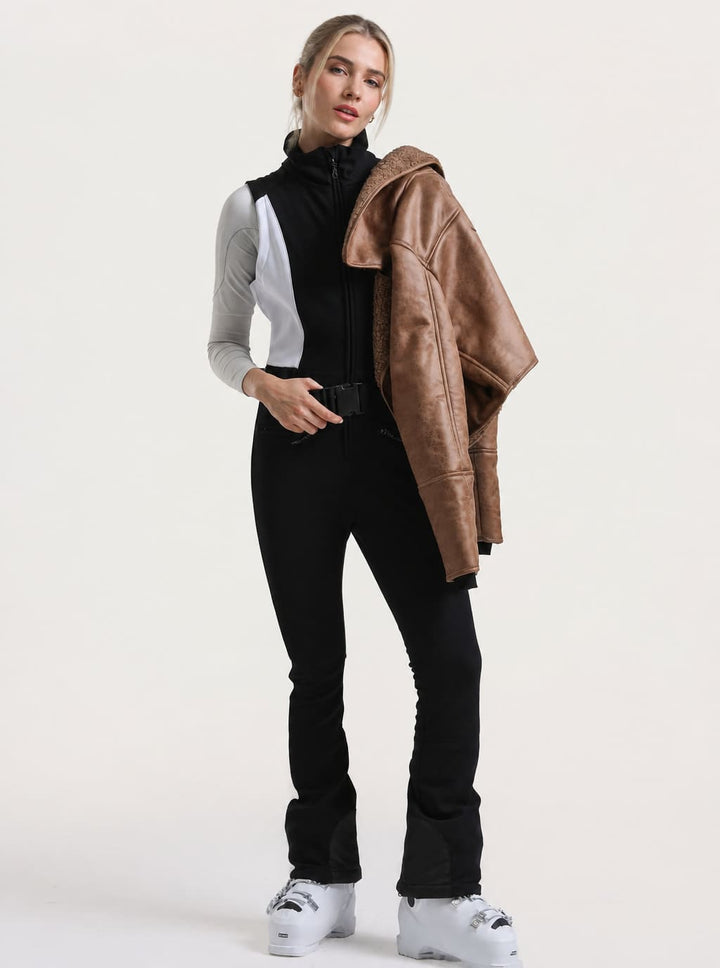 Women's Off-White & Black Detachable Sherpa-Collar Belted Slim One-Piece Ski Suit