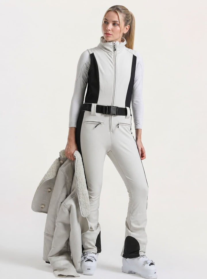 Women's Off-White & Black Detachable Sherpa-Collar Belted Slim One-Piece Ski Suit