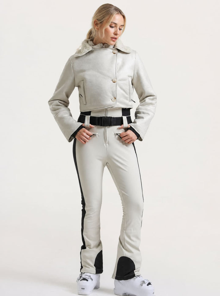 Women's Off-White & Black Detachable Sherpa-Collar Belted Slim One-Piece Ski Suit