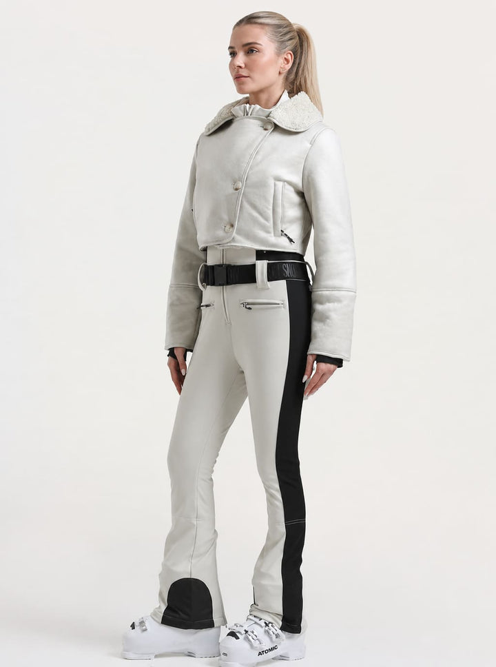 Women's Off-White & Black Detachable Sherpa-Collar Belted Slim One-Piece Ski Suit
