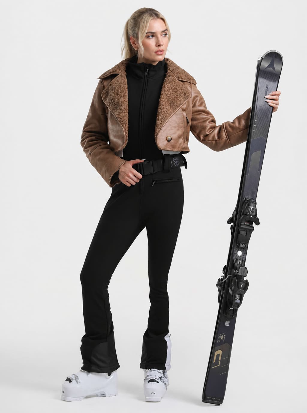 Women's Off-White & Black Detachable Sherpa-Collar Belted Slim One-Piece Ski Suit