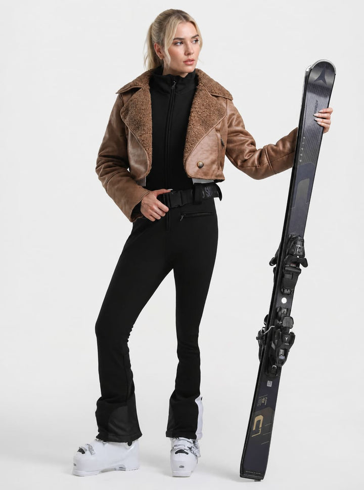 Women's Off-White & Black Detachable Sherpa-Collar Belted Slim One-Piece Ski Suit