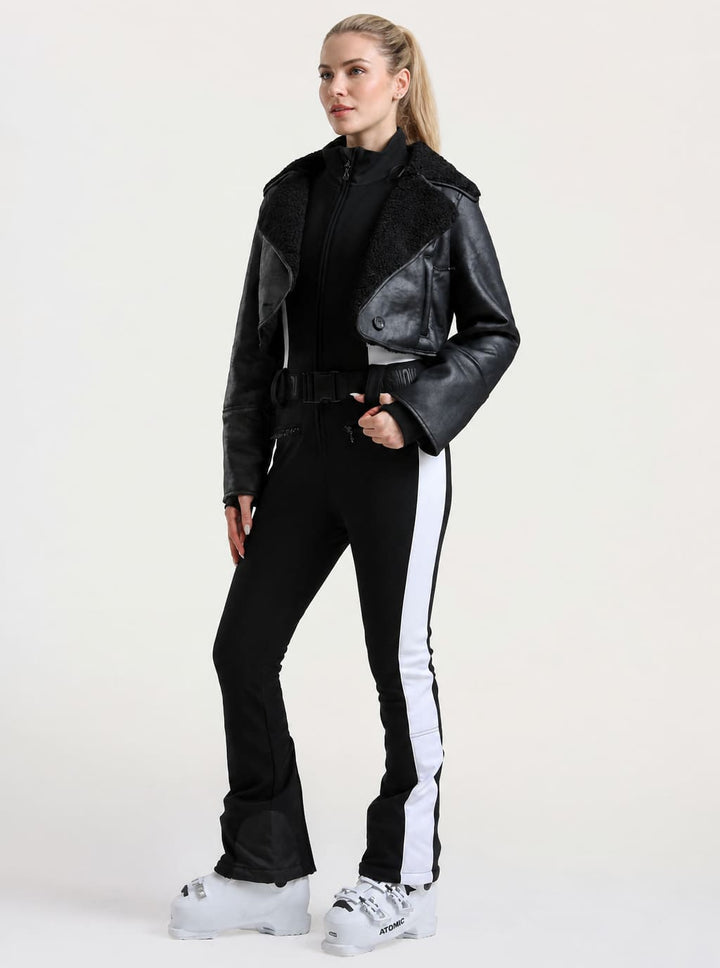 Women's Off-White & Black Detachable Sherpa-Collar Belted Slim One-Piece Ski Suit