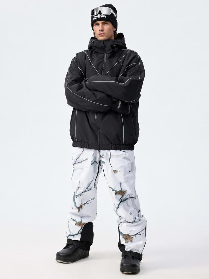 Men's Army Green Insulated Baggy Snow Pants With Detachable Suspenders