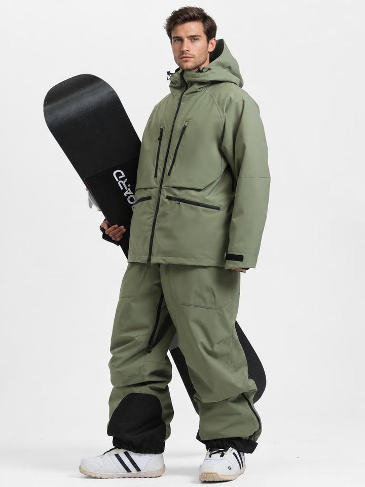 Men's Army Green Insulated Baggy Snow Pants With Detachable Suspenders