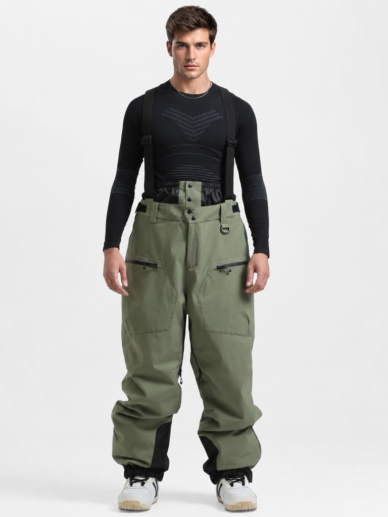Men's Army Green Insulated Baggy Snow Pants With Detachable Suspenders