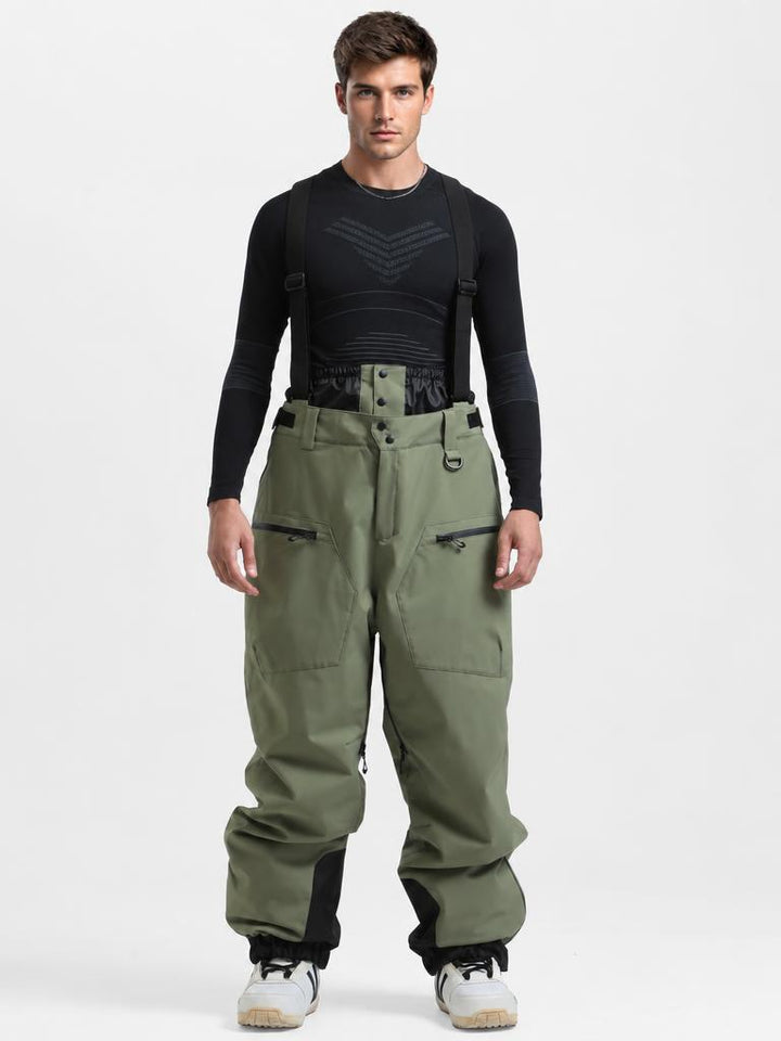 Men's Army Green Insulated Baggy Snow Pants With Detachable Suspenders