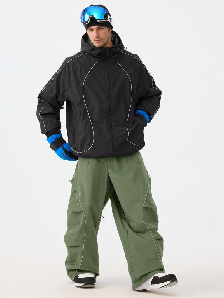 Men's Black Retro Track Reflective Piping Baggy Snow Pants