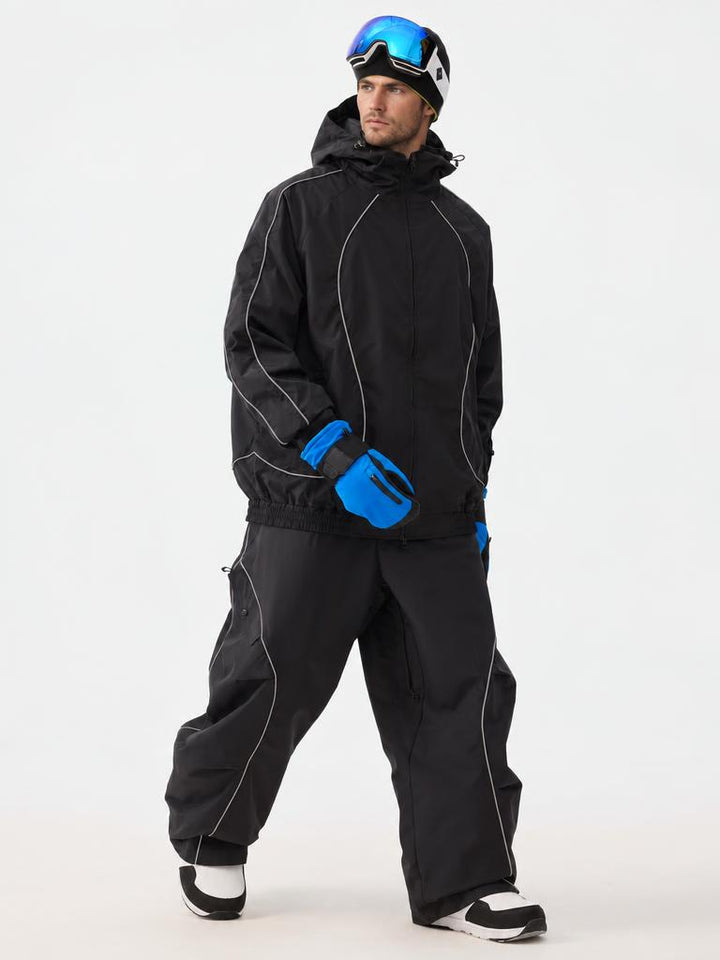 Men's Black Retro Track Reflective Piping Baggy Snow Pants