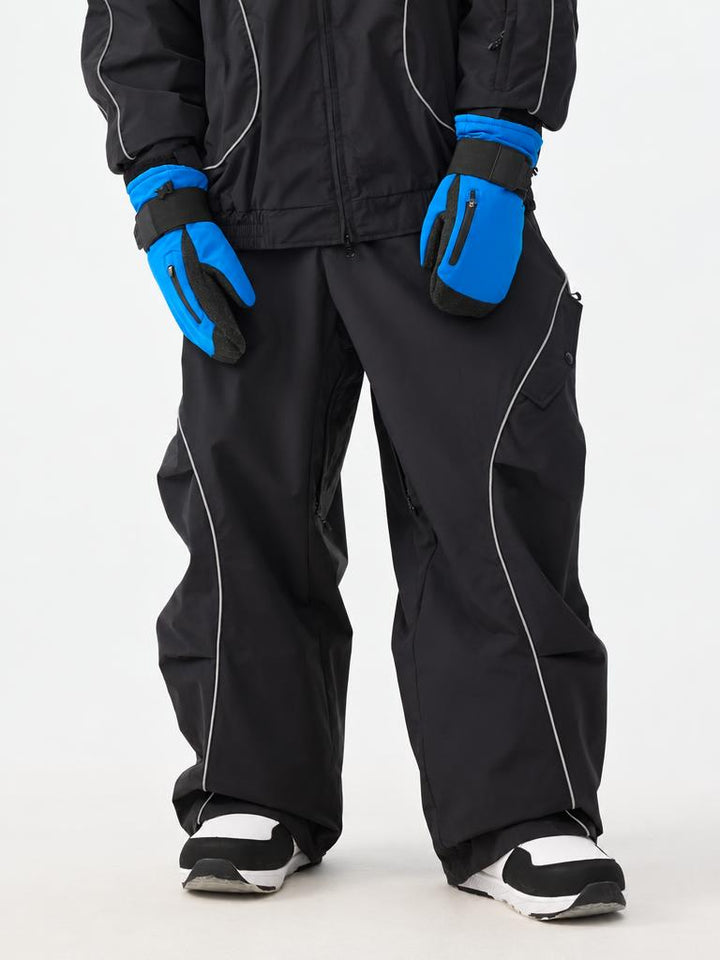 Men's Black Retro Track Reflective Piping Baggy Snow Pants