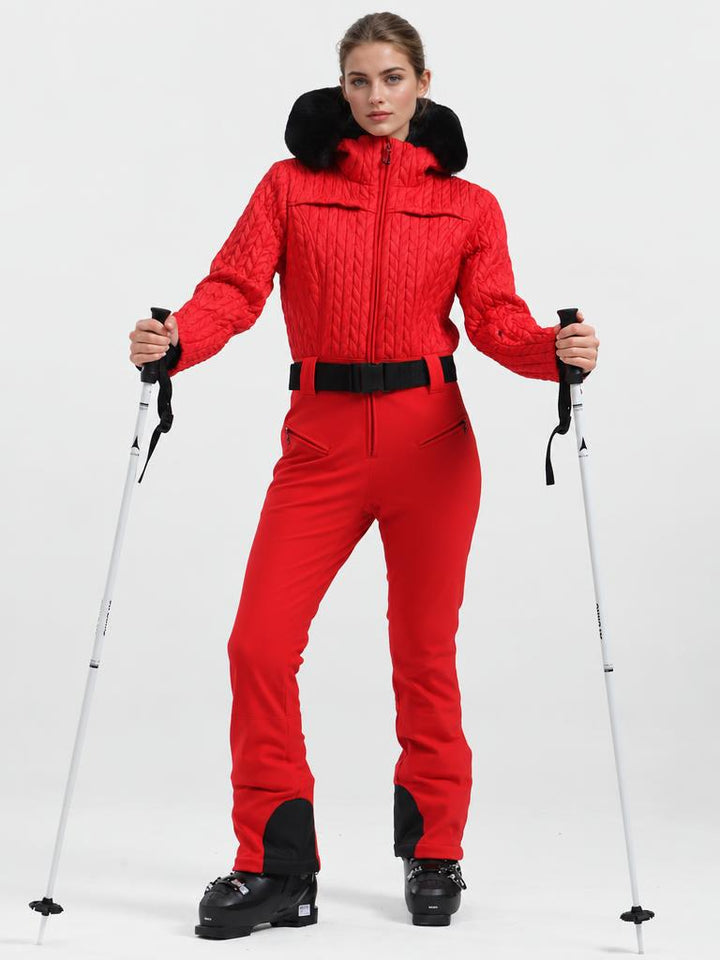 Women's Magenta Ruched-Waist Quilted Windproof Belted One-Piece Ski Suit