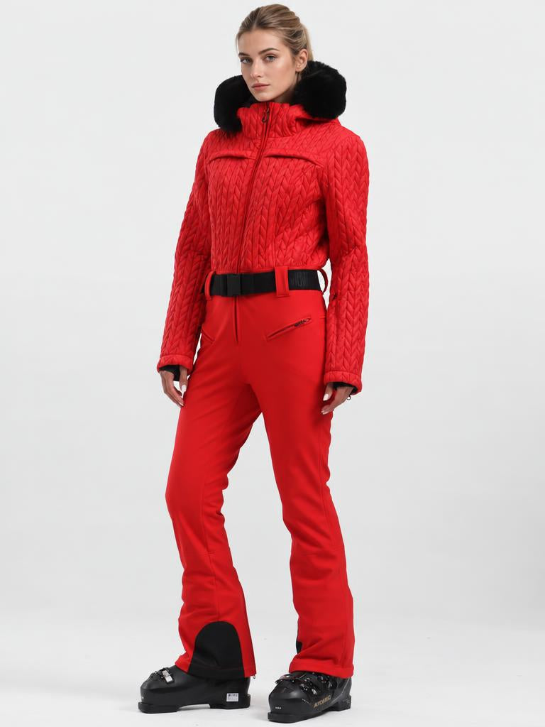 Women's Magenta Ruched-Waist Quilted Windproof Belted One-Piece Ski Suit