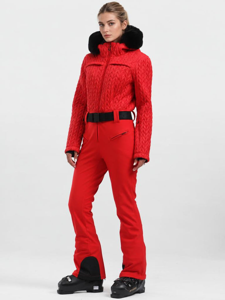 Women's Magenta Ruched-Waist Quilted Windproof Belted One-Piece Ski Suit