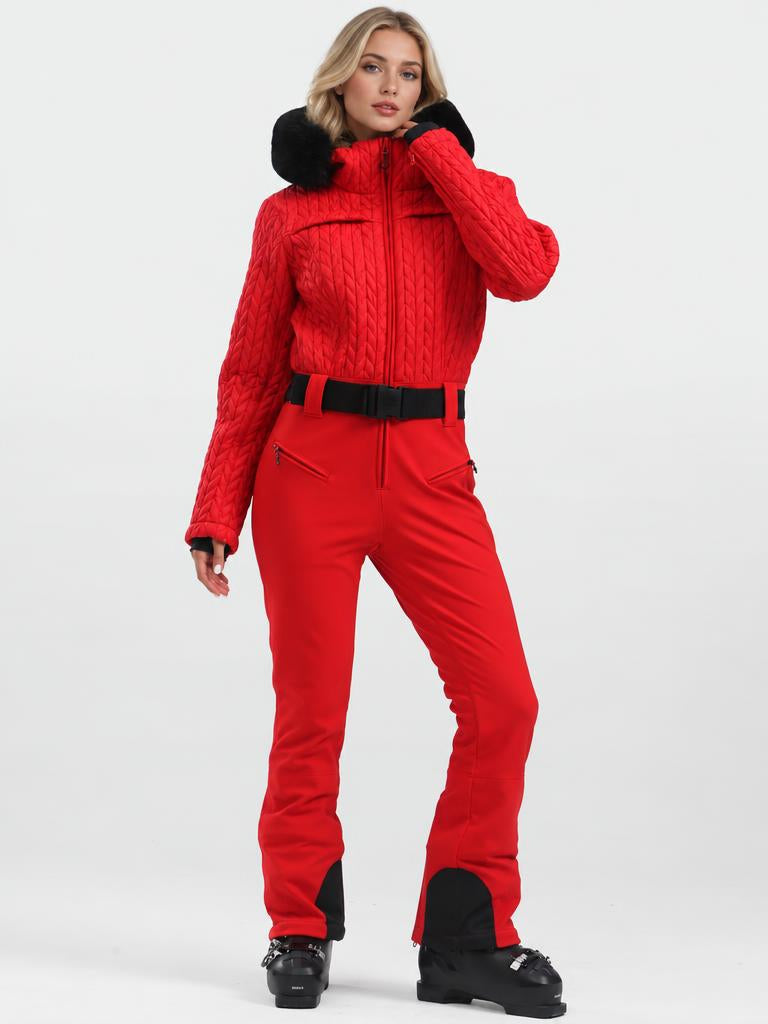 Women's Magenta Ruched-Waist Quilted Windproof Belted One-Piece Ski Suit