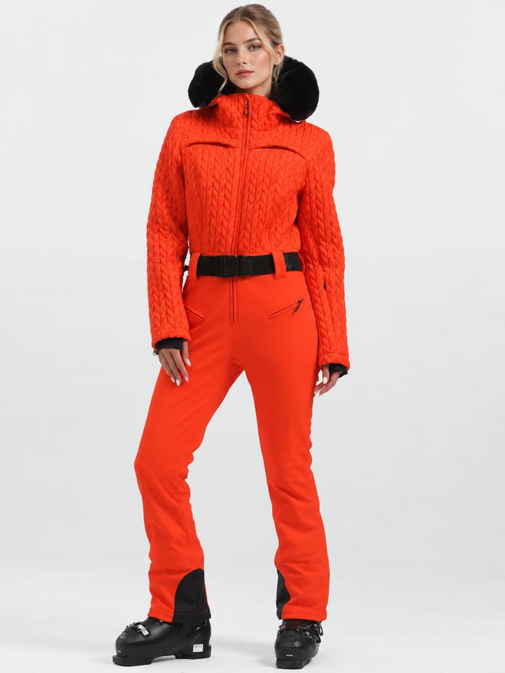 Women's Magenta Ruched-Waist Quilted Windproof Belted One-Piece Ski Suit