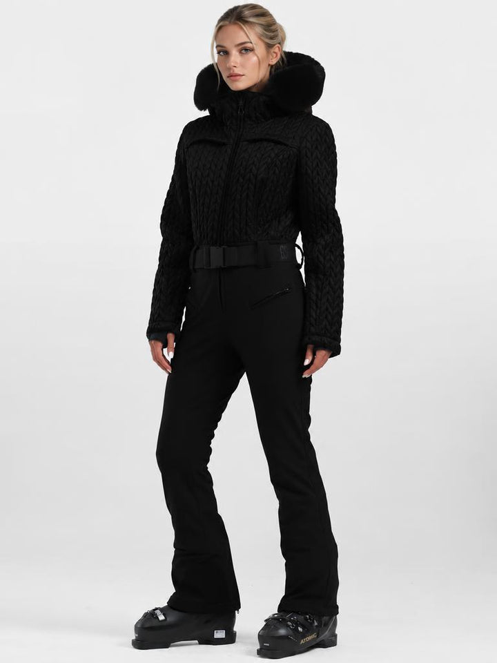 Women's Magenta Ruched-Waist Quilted Windproof Belted One-Piece Ski Suit