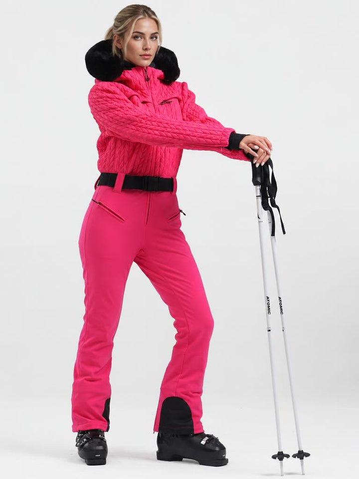 Women's Magenta Ruched-Waist Quilted Windproof Belted One-Piece Ski Suit