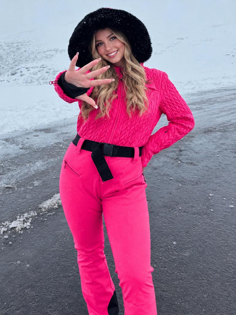 Women's Magenta Ruched-Waist Quilted Windproof Belted One-Piece Ski Suit