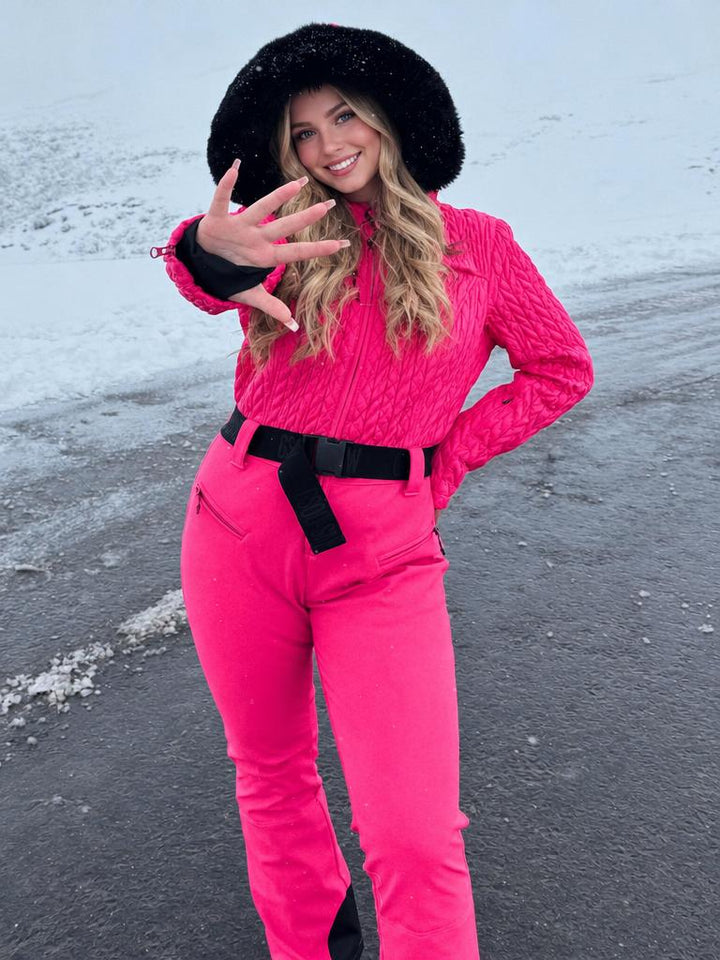 Women's Magenta Ruched-Waist Quilted Windproof Belted One-Piece Ski Suit