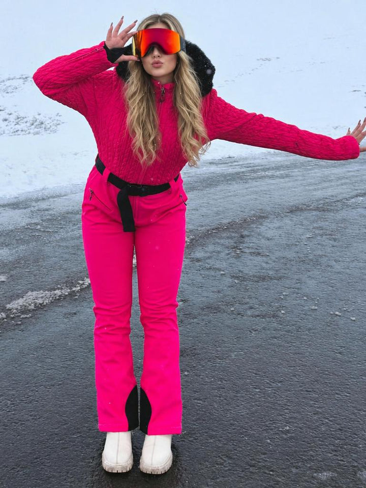 Women's Magenta Ruched-Waist Quilted Windproof Belted One-Piece Ski Suit