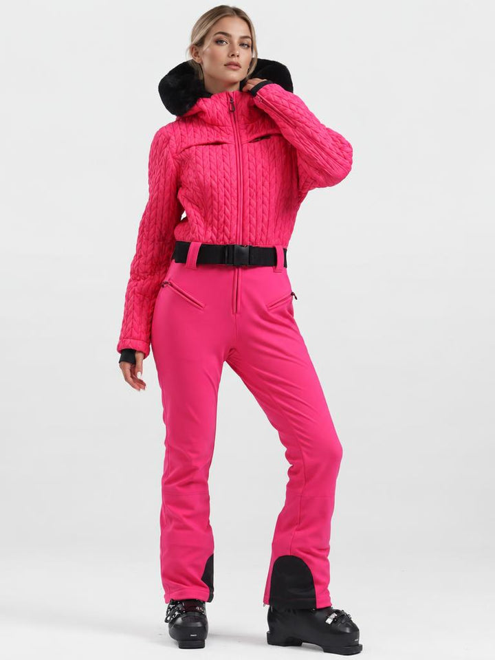 Women's Magenta Ruched-Waist Quilted Windproof Belted One-Piece Ski Suit