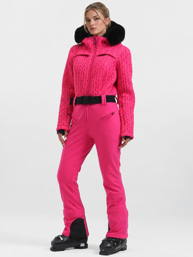 Women's Magenta Ruched-Waist Quilted Windproof Belted One-Piece Ski Suit