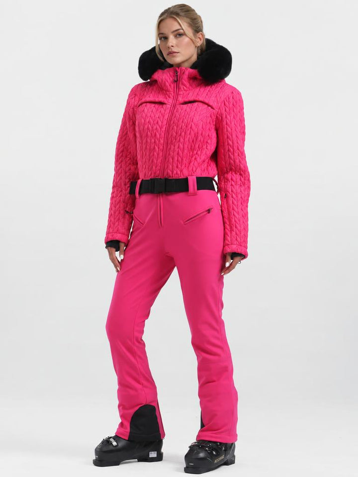 Women's Magenta Ruched-Waist Quilted Windproof Belted One-Piece Ski Suit