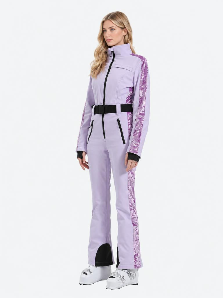 Women's Pastel Lavender Waterproof Insulated Thermal Belted One-Piece Ski Suit