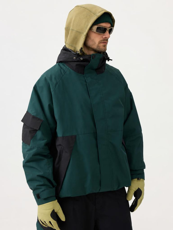 Men's Dark Green Raglan Sleeve Color Block Waterproof Breathable Snow Jacket