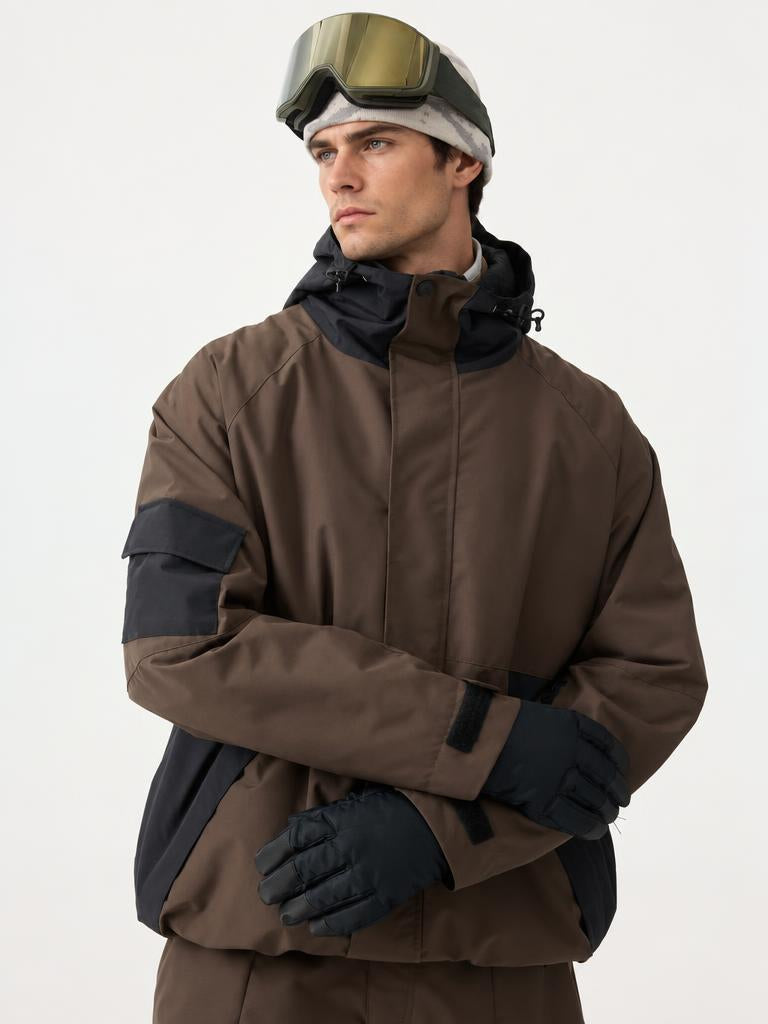 Men's Dark Green Raglan Sleeve Color Block Waterproof Breathable Snow Jacket