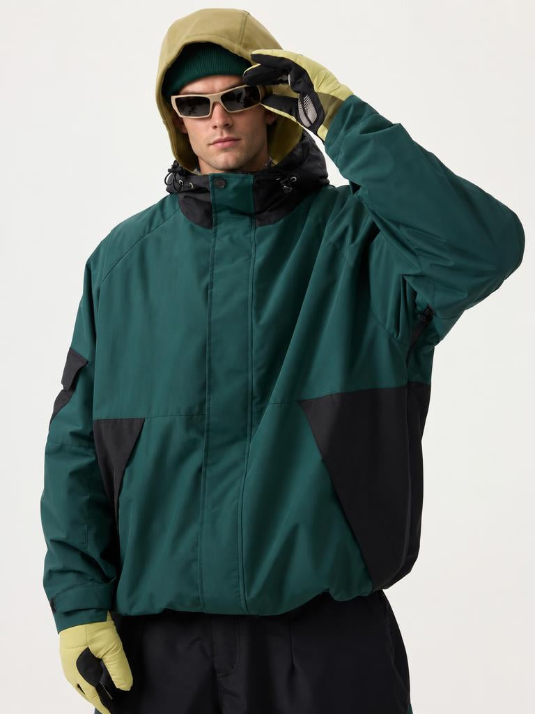 Men's Dark Green Raglan Sleeve Color Block Waterproof Breathable Snow Jacket