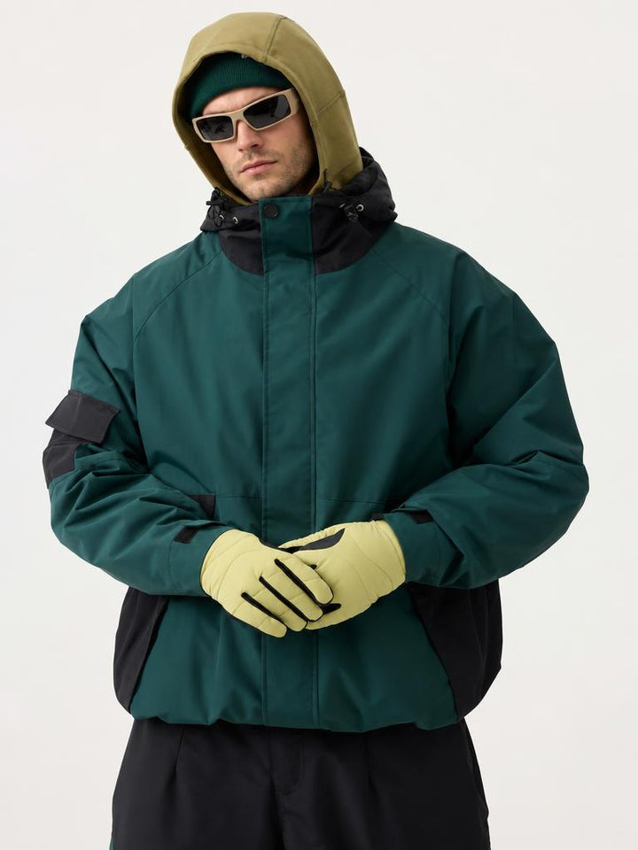 Men's Dark Green Raglan Sleeve Color Block Waterproof Breathable Snow Jacket