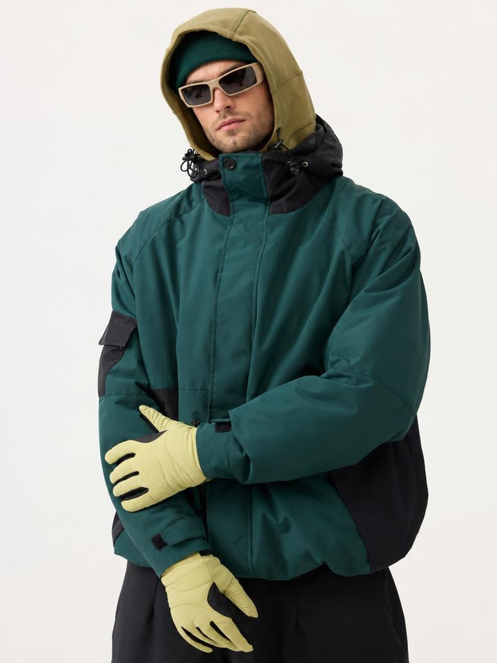 Men's Dark Green Raglan Sleeve Color Block Waterproof Breathable Snow Jacket