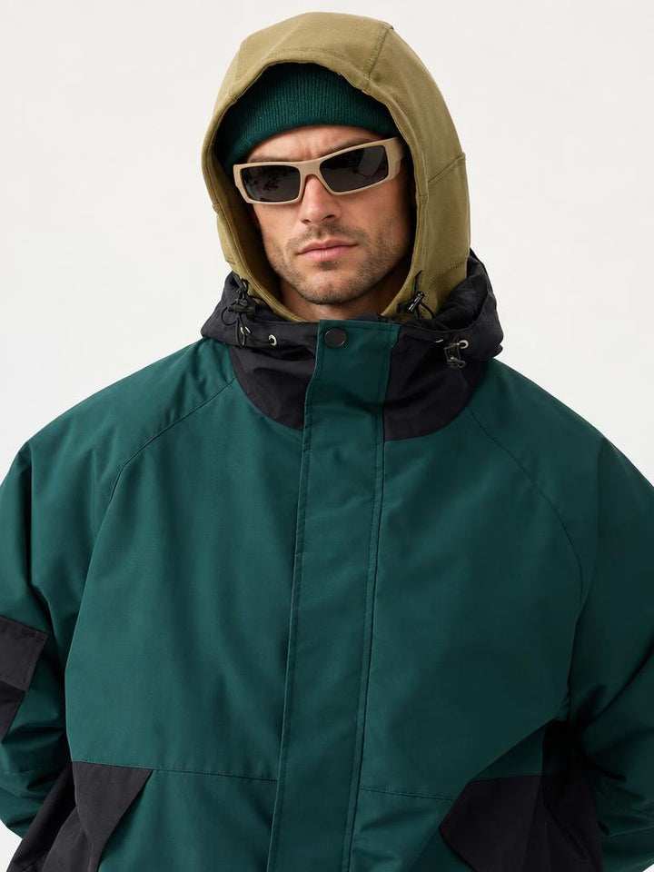 Men's Dark Green Raglan Sleeve Color Block Waterproof Breathable Snow Jacket