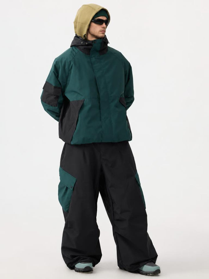 Men's Dark Green Raglan Sleeve Color Block Waterproof Breathable Snow Jacket
