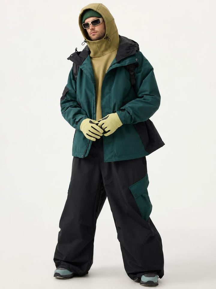 Men's Dark Green Raglan Sleeve Color Block Waterproof Breathable Snow Jacket