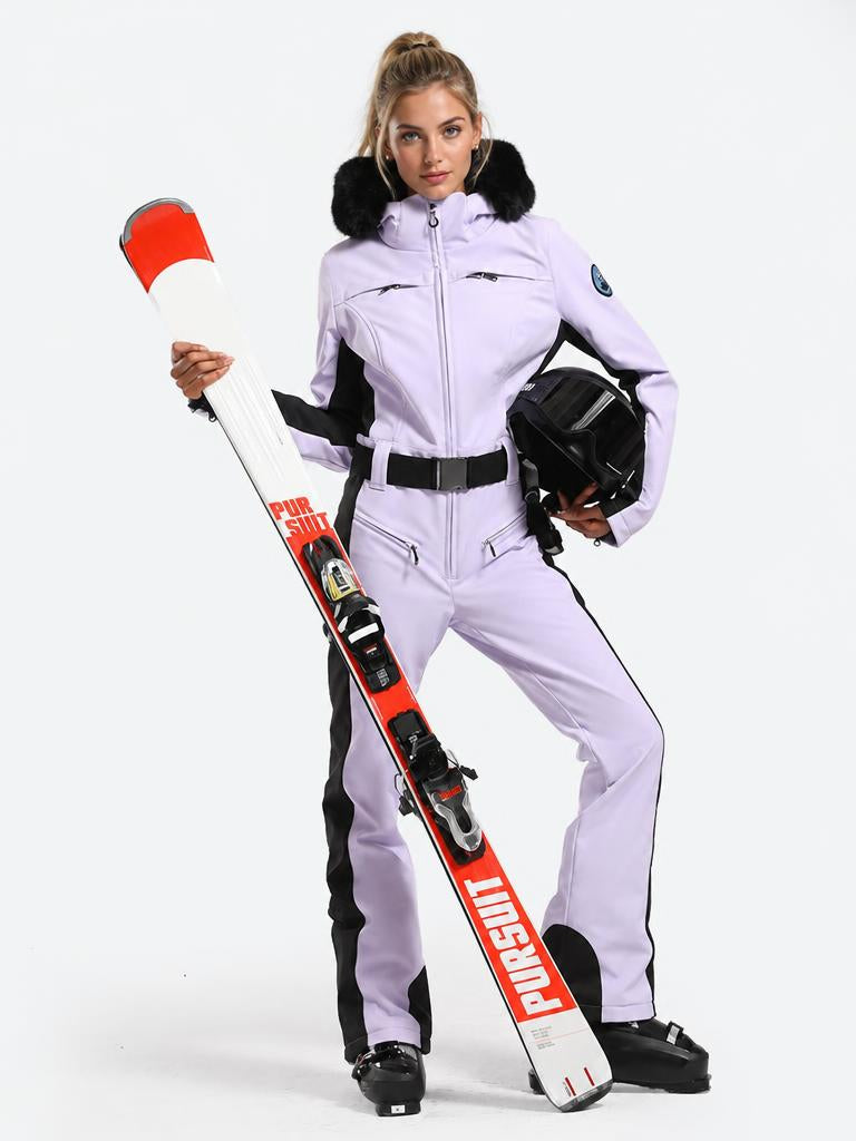 Women's Minimalist Faux Fur Black & White Down One-piece Ski Suits