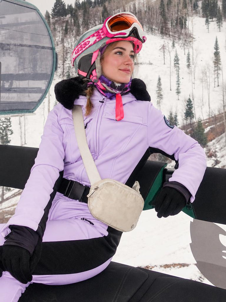 Women's Minimalist Faux Fur Black & White Down One-piece Ski Suits