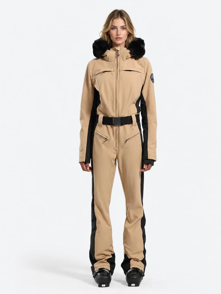 Women's Minimalist Faux Fur Black & White Down One-piece Ski Suits