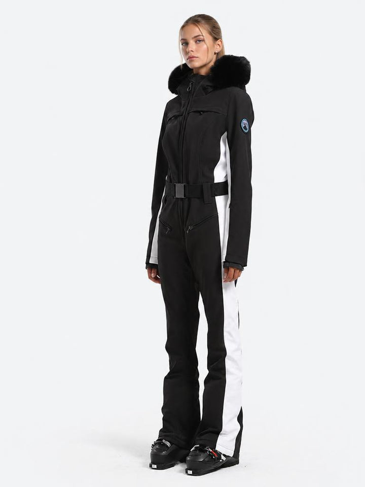 Women's Minimalist Faux Fur Black & White Down One-piece Ski Suits