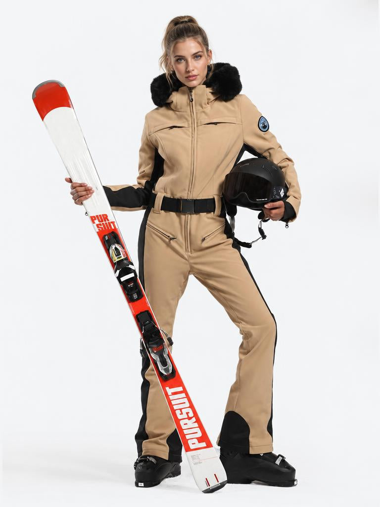 Women's Minimalist Faux Fur Black & White Down One-piece Ski Suits