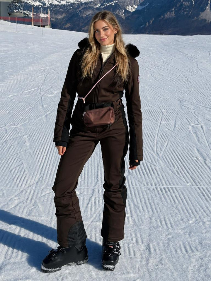 Women's Minimalist Faux Fur Black & White Down One-piece Ski Suits