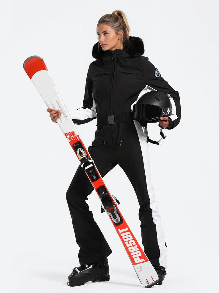 Women's Minimalist Faux Fur Black & White Down One-piece Ski Suits