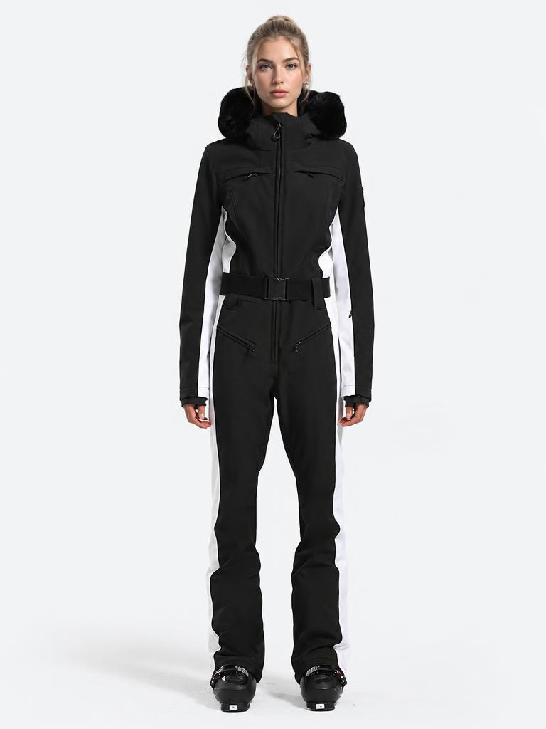 Women's Minimalist Faux Fur Black & White Down One-piece Ski Suits
