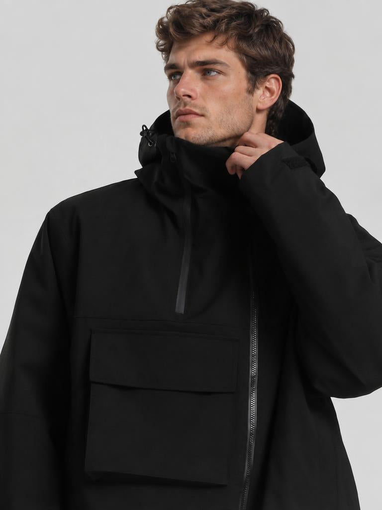 Men's Black Asym-Zip Utility Pocket Waterproof Snow Jacket