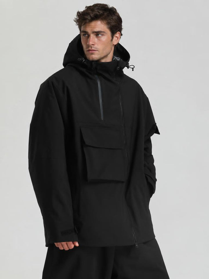 Men's Black Asym-Zip Utility Pocket Waterproof Snow Jacket