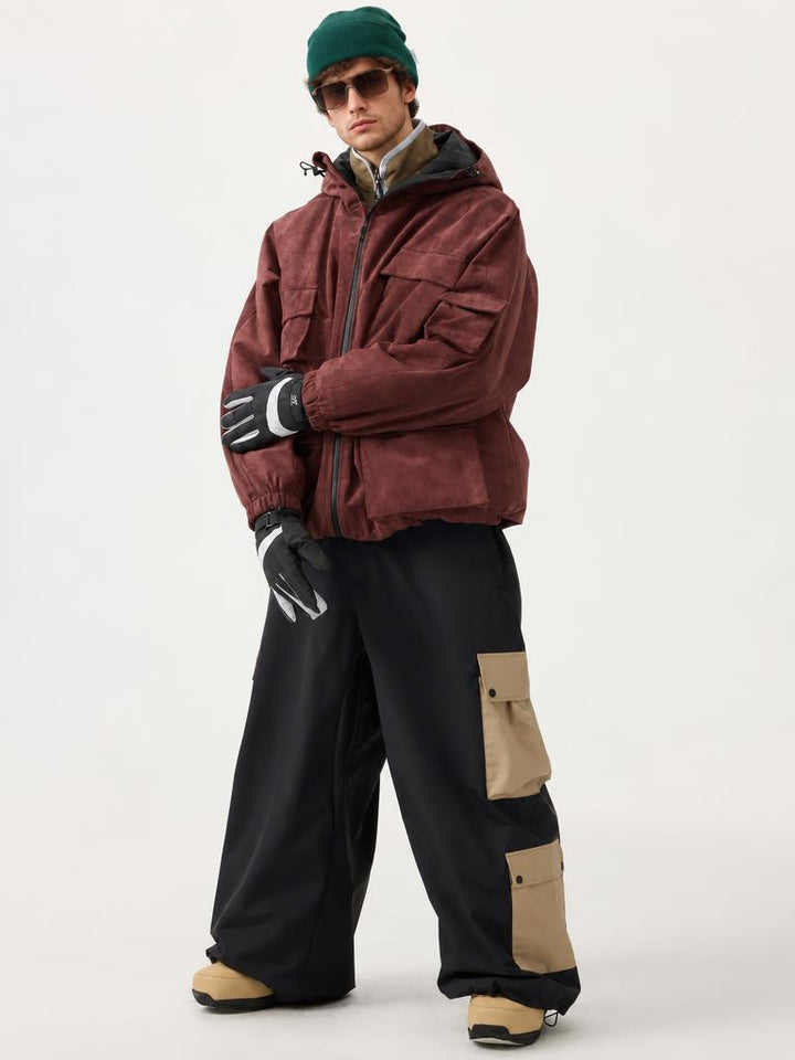 Men's White Baggy Multi-Pocket Color-Block Snow Pants