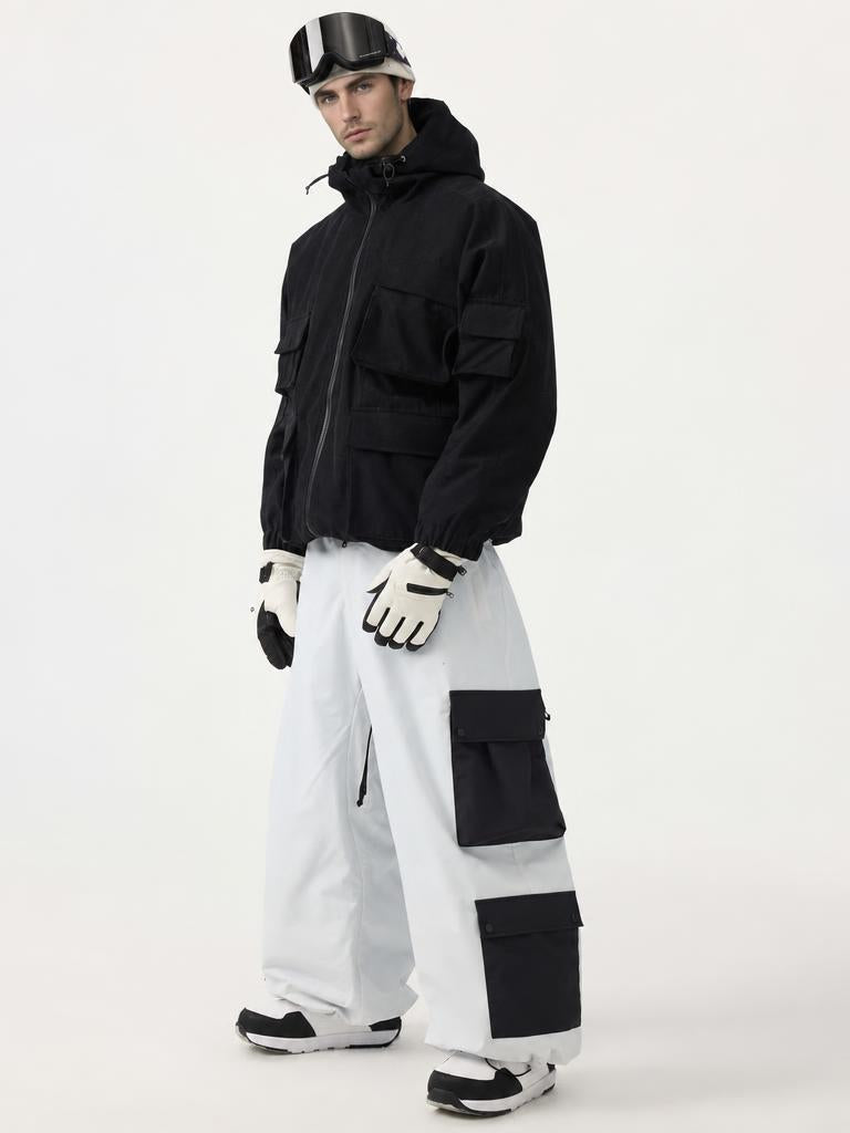 Men's White Baggy Multi-Pocket Color-Block Snow Pants